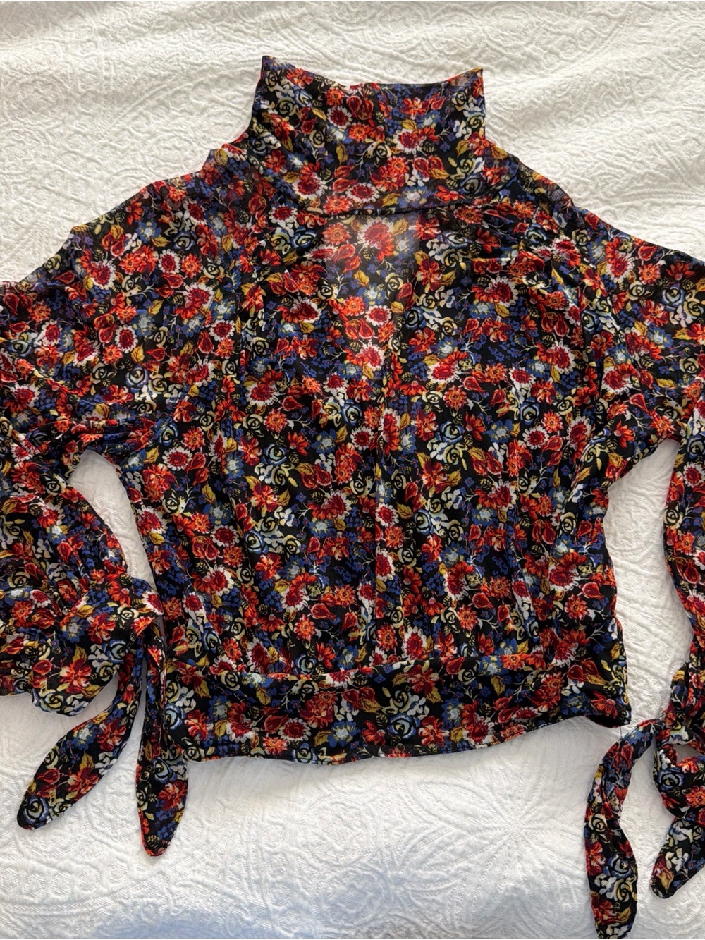 Free People Navy Floral Tie-Sleeve Mock Neck Blouse